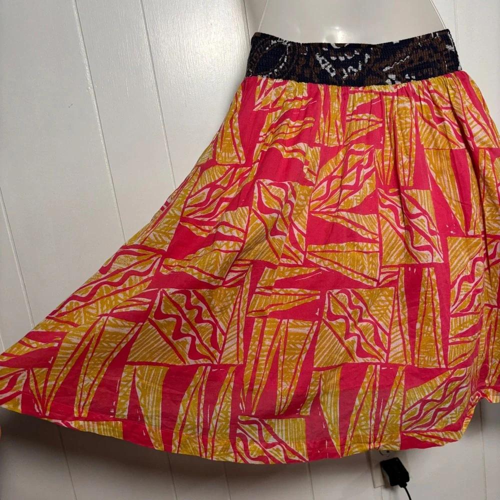 Vanessa Virginia Anthropologie Pink Yellow Abstract Cotton Smocked Skirt Sz 2 XS
